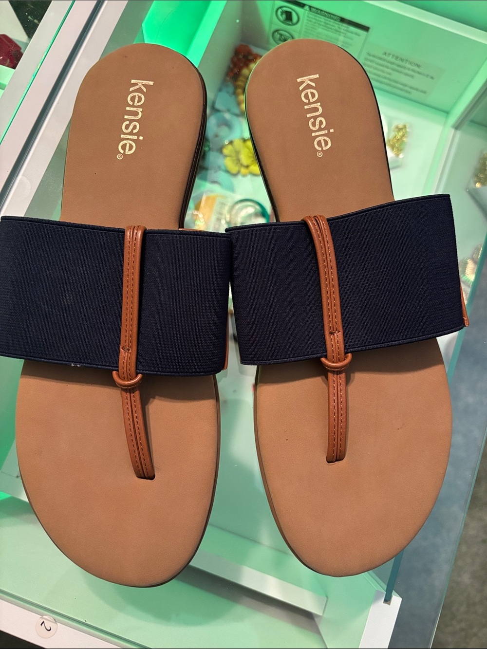 kensie Navy and Tan Toe-Loop Slide Sandals